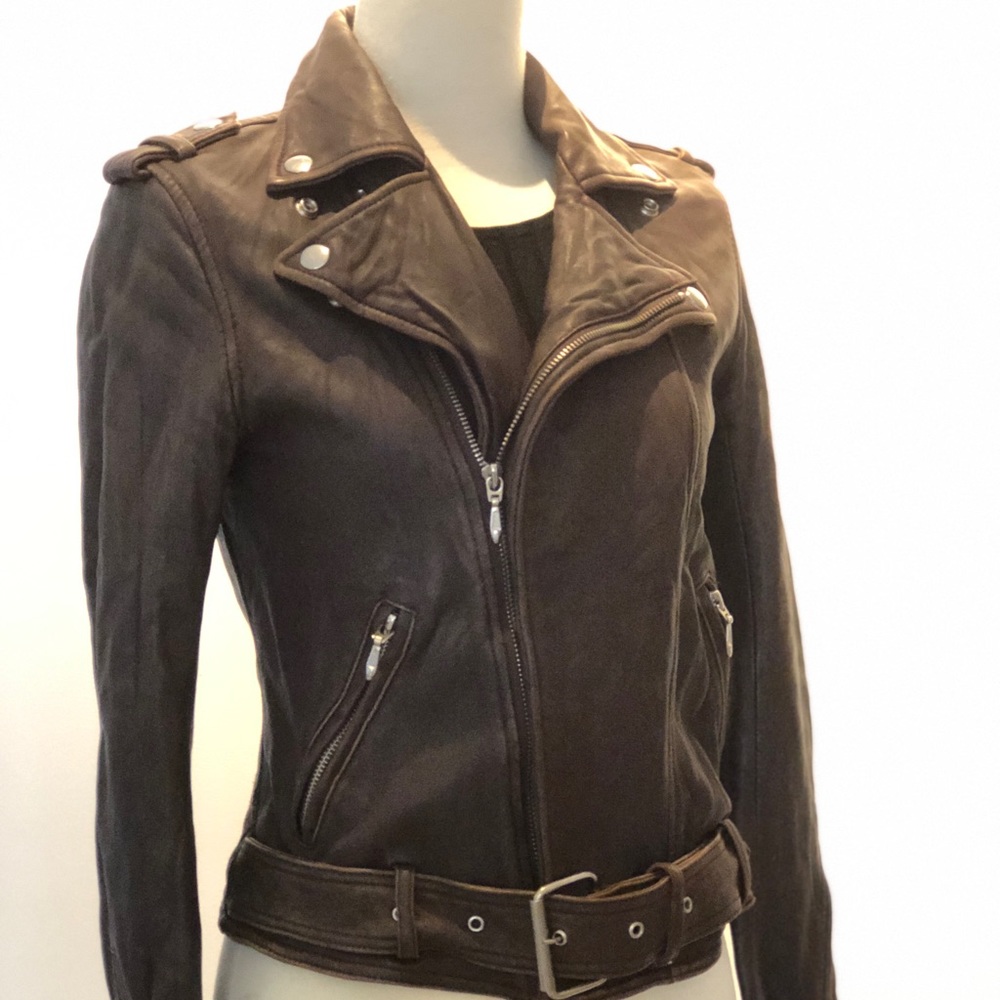 Used Women Brown Lambskin Leather Biker Jacket
